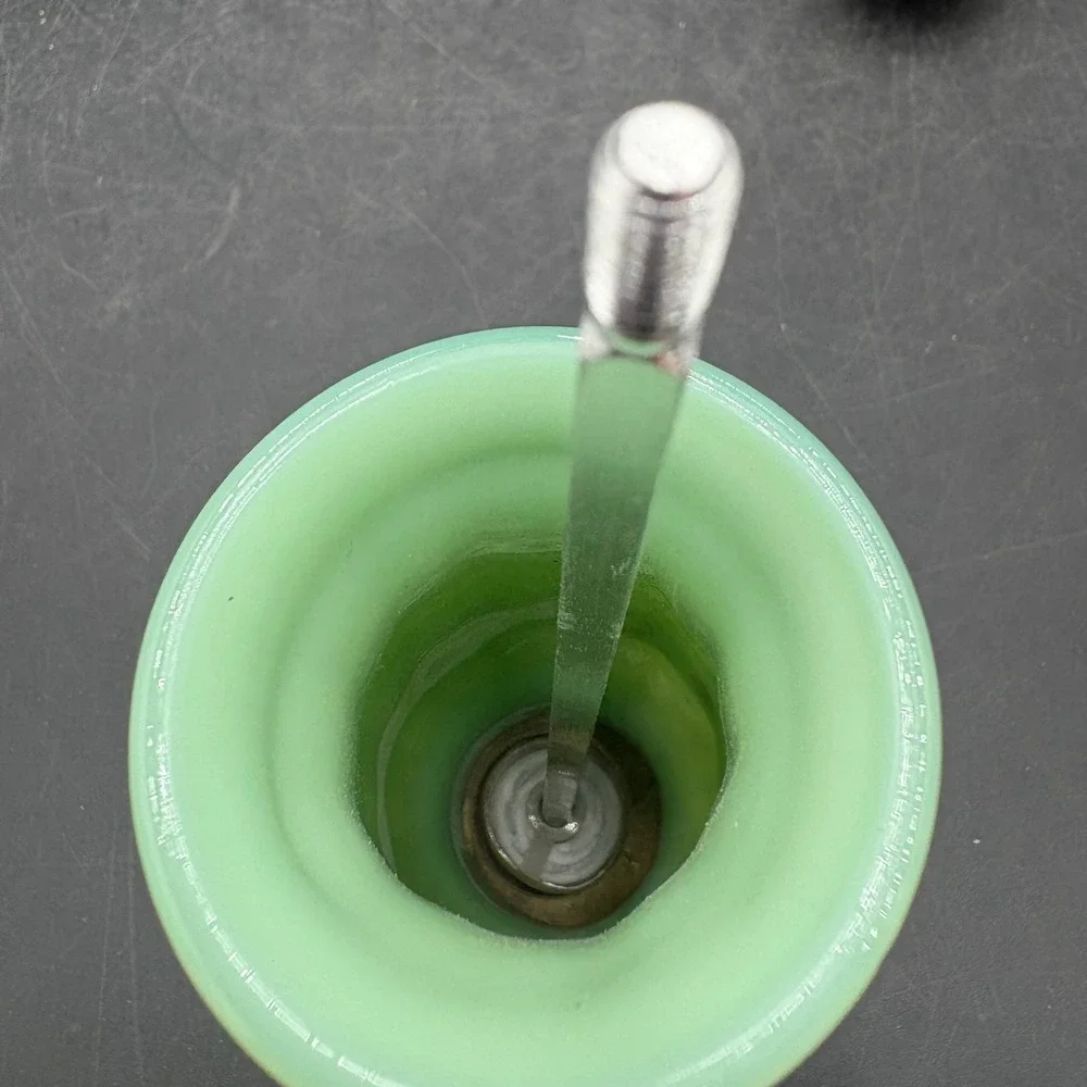 Vtg Jadeite Glass and Wood Pepper Mill Grinder Ribbed Green Farmhouse 8.5